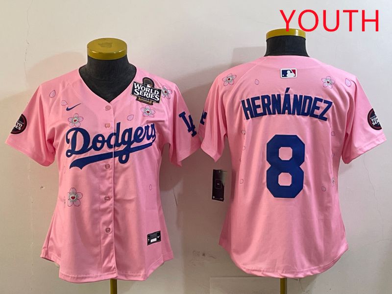 Youth Los Angeles Dodgers #8 Hernandez Pink Sakura Edition 2025 Nike MLB Jersey style 7->youth mlb jersey->Youth Jersey